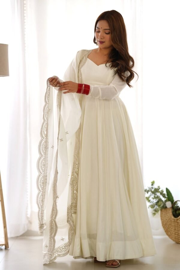 NKB-40WHITE_3.jpg Exquisite White Heavy Pure Romansilk Anarkali Suit with Embroidery Sequence Dupatta