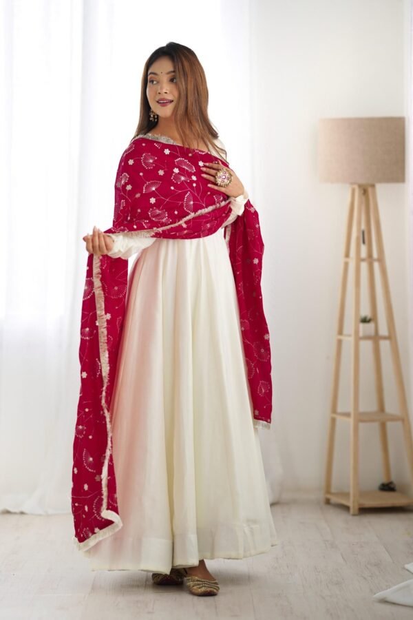 NKB-45WHITE_1.jpg White Vichitra Silk Anarkali Suit with Rani Pink Heavy Dupatta