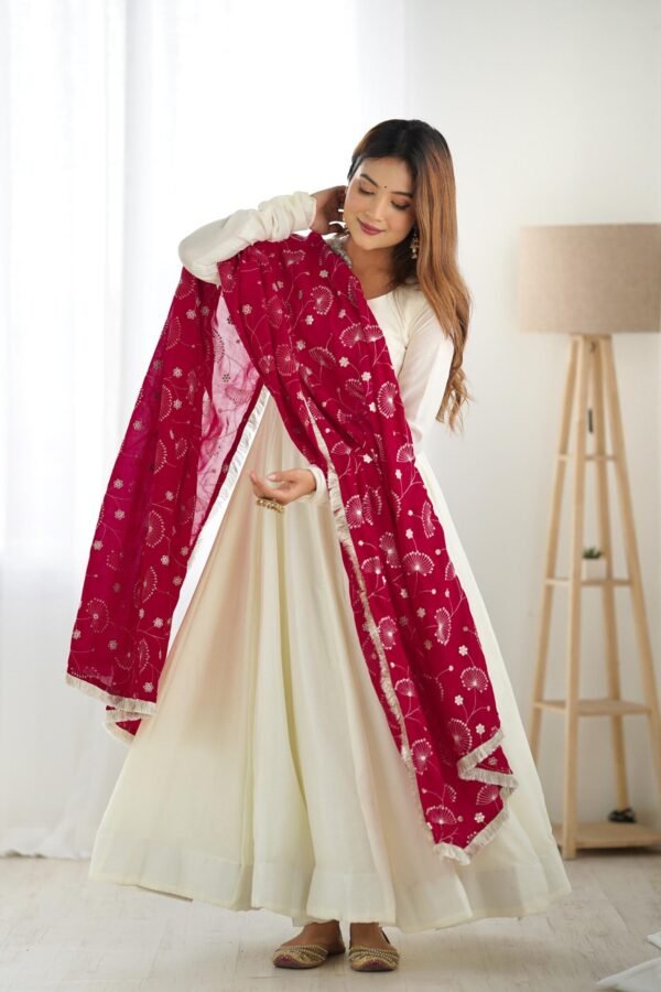 NKB-45WHITE_2.jpg White Vichitra Silk Anarkali Suit with Rani Pink Heavy Dupatta