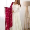 NKB-45WHITE_5.jpg White Vichitra Silk Anarkali Suit with Rani Pink Heavy Dupatta