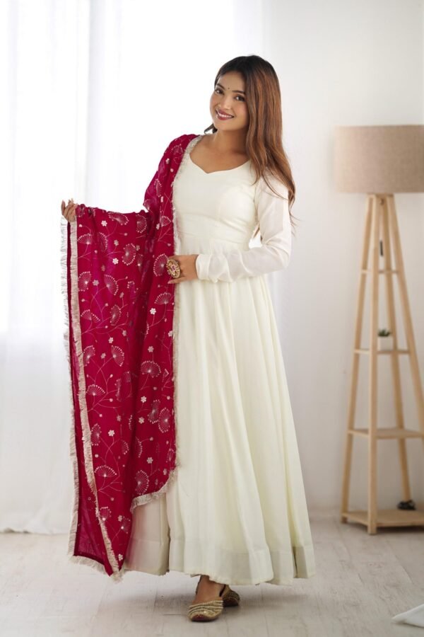 NKB-45WHITE_5.jpg White Vichitra Silk Anarkali Suit with Rani Pink Heavy Dupatta