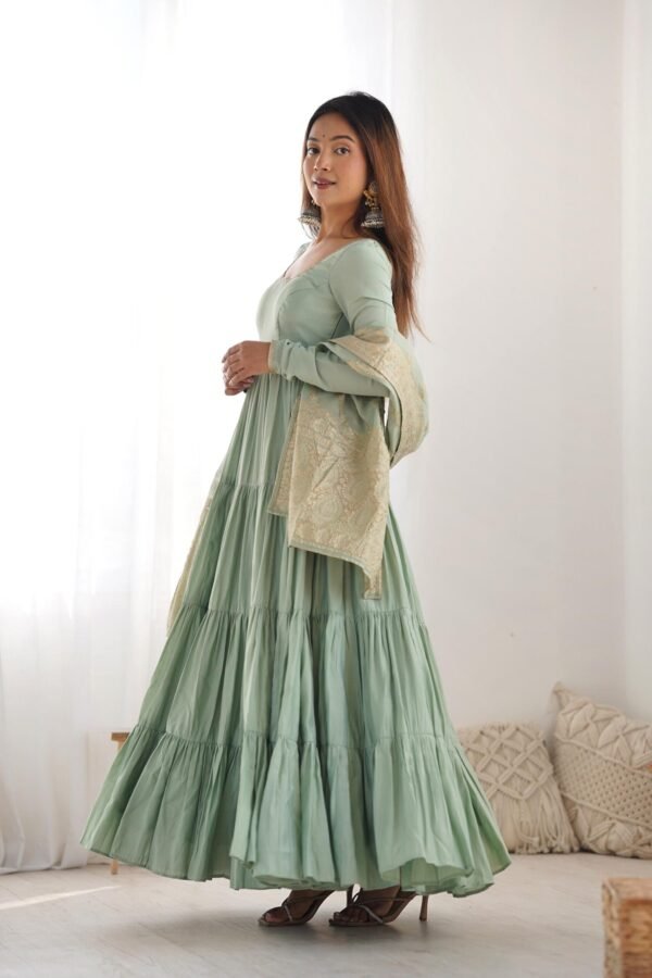 NKB-47PISTA_6.jpg Pistachio Green Roman Silk Four-Layer Anarkali Gown Set
