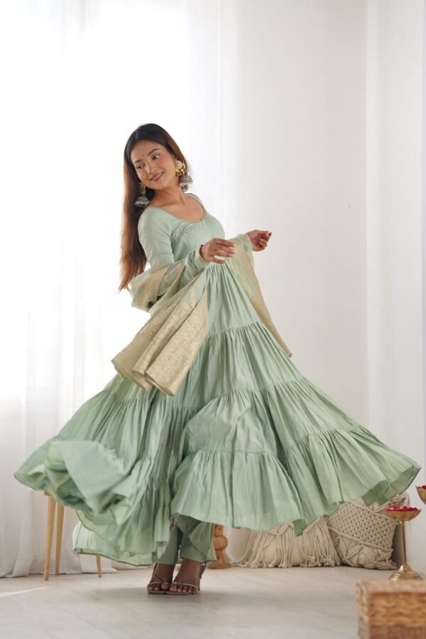 NKB-47PISTA_7.jpg Pistachio Green Roman Silk Four-Layer Anarkali Gown Set