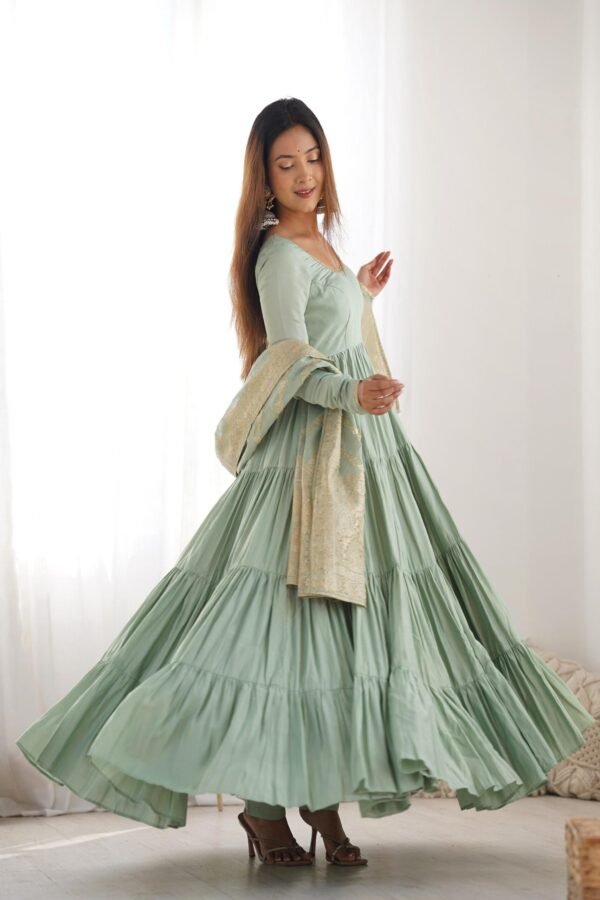 NKB-47PISTA_8.jpg Pistachio Green Roman Silk Four-Layer Anarkali Gown Set