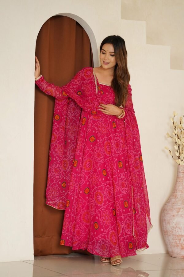 NKB-48RANI_6.jpg Rani Pink Bandhej Print Chiffon Anarkali Suit Set
