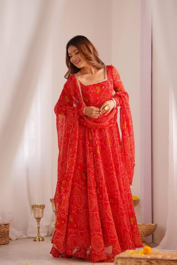 NKB-48RED_4.jpg Red Bandhej Print Chiffon Anarkali Suit Set
