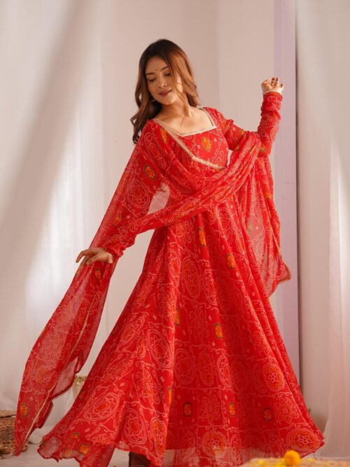 NKB-48RED_5.jpg Red Bandhej Print Chiffon Anarkali Suit Set