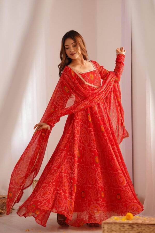 NKB-48RED_5.jpg Red Bandhej Print Chiffon Anarkali Suit Set