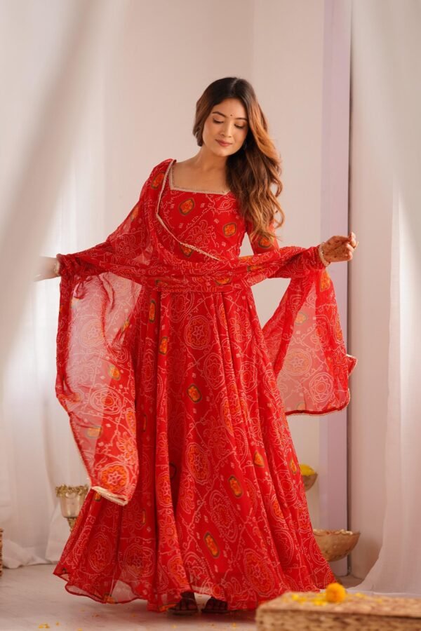 NKB-48RED_6.jpg Red Bandhej Print Chiffon Anarkali Suit Set