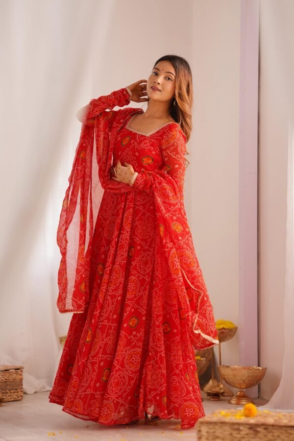 NKB-48RED_7.jpg Red Bandhej Print Chiffon Anarkali Suit Set