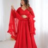 NKB-55RED.jpg Red Color Lucknowi Work Anarkali Suit with Ruffle Dupatta