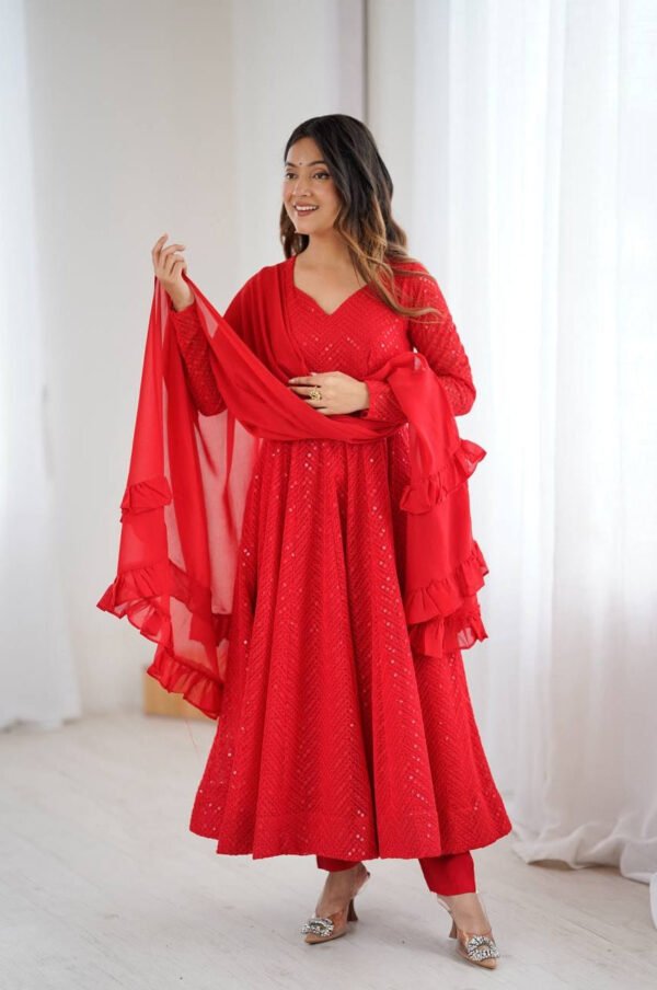 NKB-55RED.jpg Red Color Lucknowi Work Anarkali Suit with Ruffle Dupatta