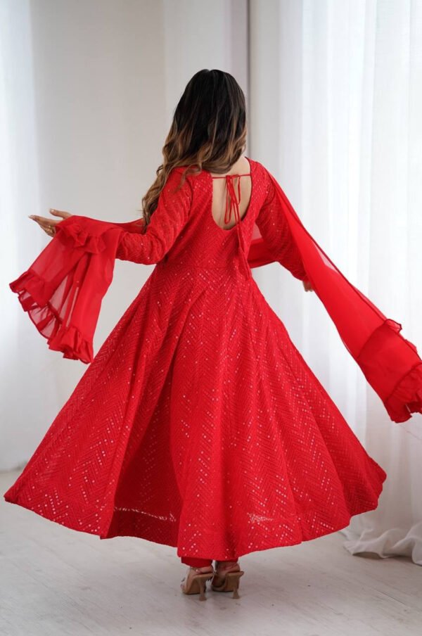 NKB-55RED_1.jpg Red Color Lucknowi Work Anarkali Suit with Ruffle Dupatta