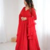 NKB-55RED_2.jpg Red Color Lucknowi Work Anarkali Suit with Ruffle Dupatta