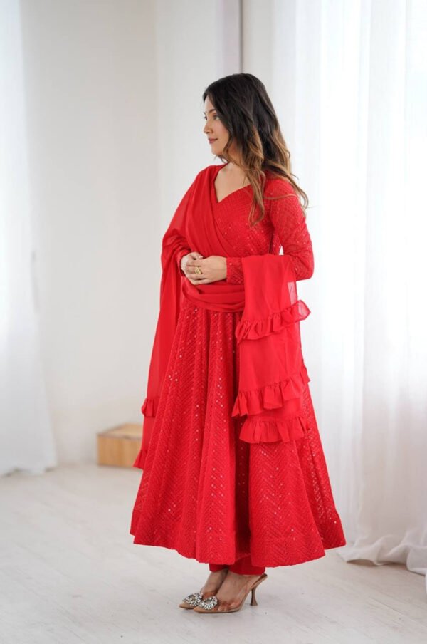 NKB-55RED_2.jpg Red Color Lucknowi Work Anarkali Suit with Ruffle Dupatta