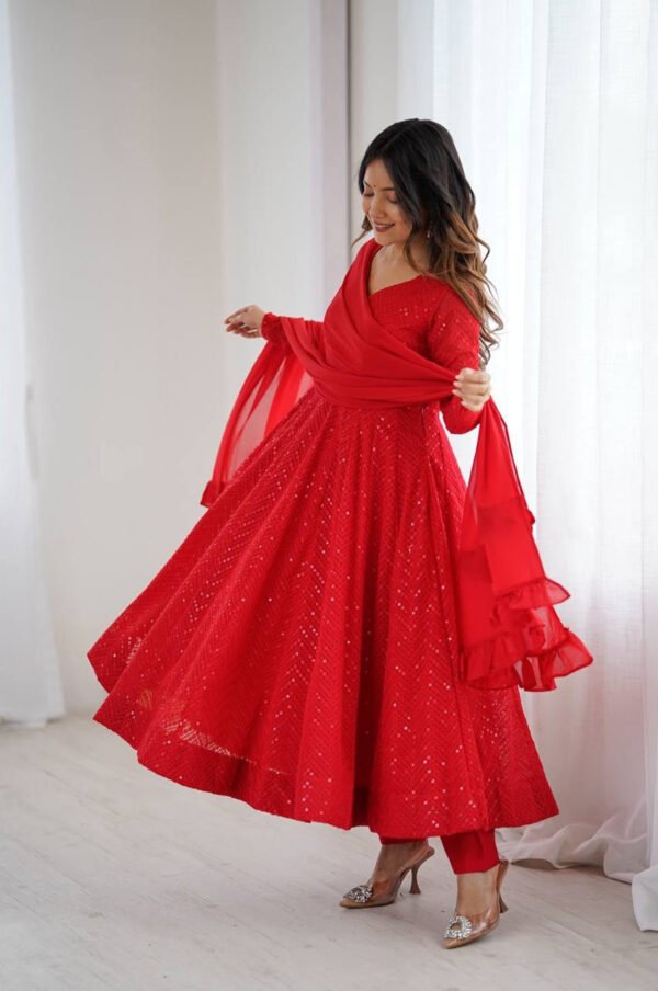 NKB-55RED_3.jpg Red Color Lucknowi Work Anarkali Suit with Ruffle Dupatta