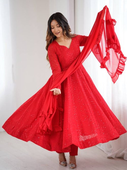 NKB-55RED_4.jpg Red Color Lucknowi Work Anarkali Suit with Ruffle Dupatta