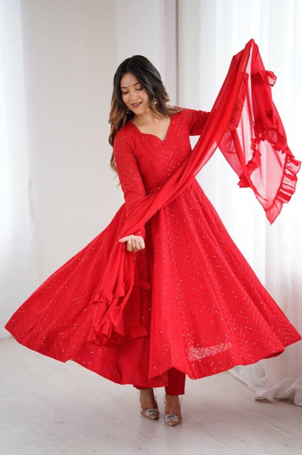 NKB-55RED_4.jpg Red Color Lucknowi Work Anarkali Suit with Ruffle Dupatta