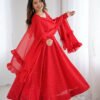 NKB-55RED_5.jpg Red Color Lucknowi Work Anarkali Suit with Ruffle Dupatta