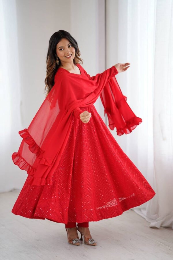 NKB-55RED_5.jpg Red Color Lucknowi Work Anarkali Suit with Ruffle Dupatta