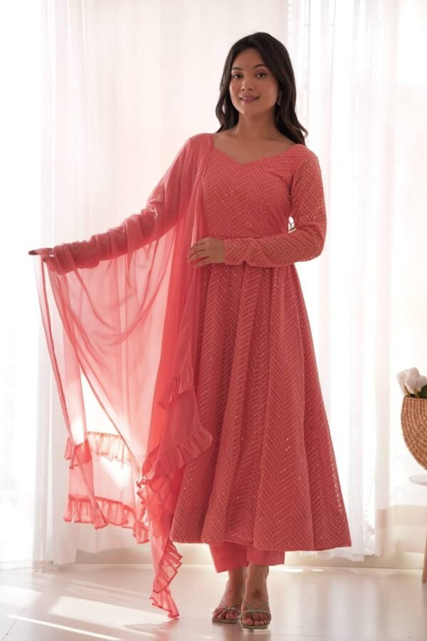 NKB-55_1.jpg Peach Lucknowi Georgette Anarkali Suit Set