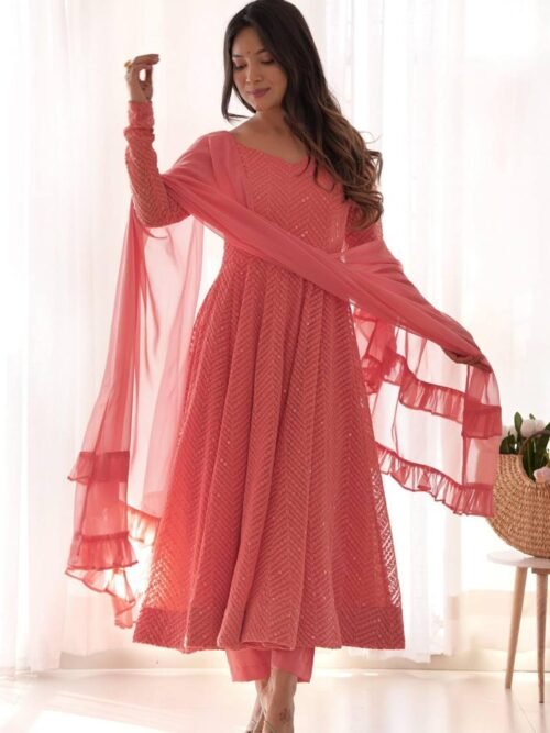 NKB-55_2.jpg Peach Lucknowi Georgette Anarkali Suit Set