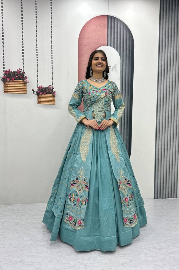 Pc-528_18.jpg Misty Teal Crop Top Lehenga with Embroidered Shrug