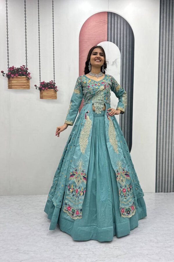 Pc-528_24.jpg Misty Teal Crop Top Lehenga with Embroidered Shrug