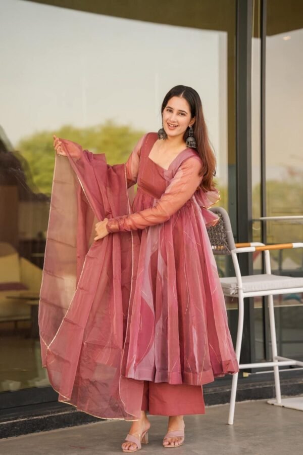 SK-D01_1.jpg Stunning Salmon Soft Organza Anarkali Suit Set with Lace Border Dupatta