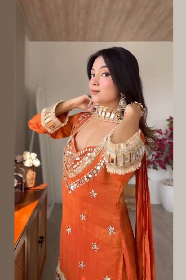 SRK-5326ORANGE_1.jpg Rust Orange Mirror Work Palazzo Suit