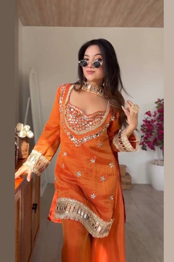 SRK-5326ORANGE_2.jpg Rust Orange Mirror Work Palazzo Suit