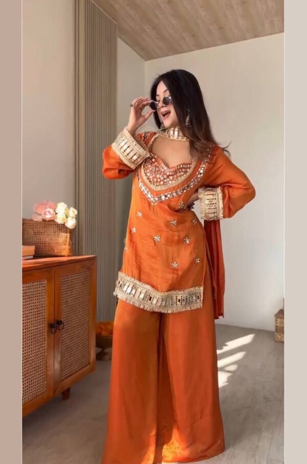 SRK-5326ORANGE_3.jpg Rust Orange Mirror Work Palazzo Suit