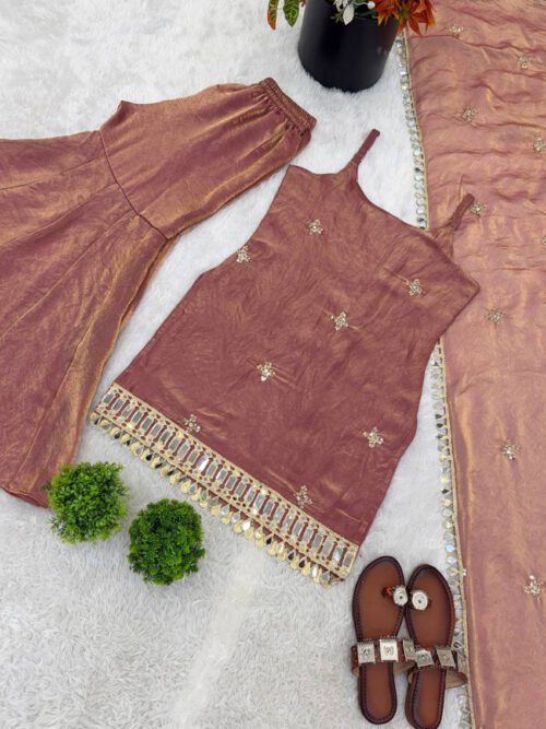 SRK-5334_3.jpg Rust Brown Fendy Silk Sharara Suit with Real Mirror