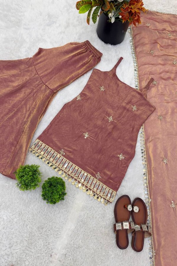 SRK-5334_3.jpg Rust Brown Fendy Silk Sharara Suit with Real Mirror
