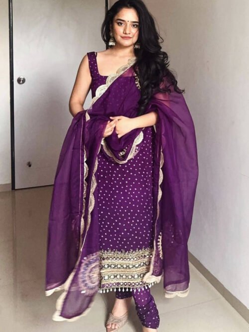 ST-1142P_1.jpg Purple Bandhej Mirror Work Kurti Set