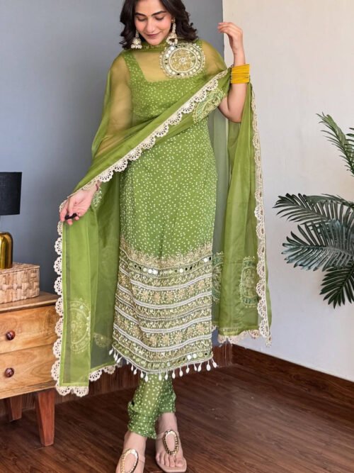 ST-1142_2.jpg Moss Green Bandhej Mirror Work Kurti Set