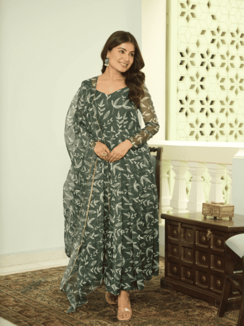 TAN110GREEN_2.png Elegant Green Tebby Organza Printed Anarkali Set