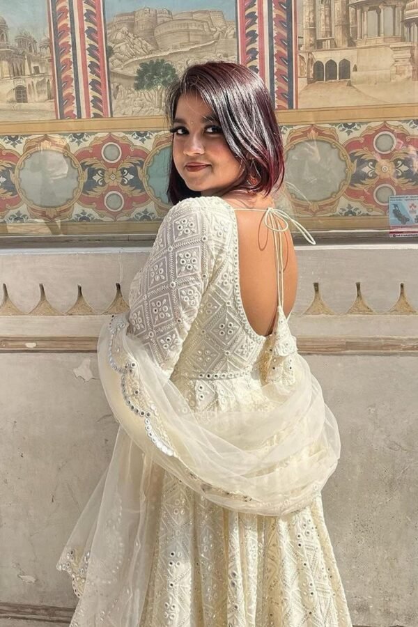 WHITELUCKNOWIGOWN_1.jpg Luxurious White Georgette Anarkali Suit Set with Lakhnawi Work
