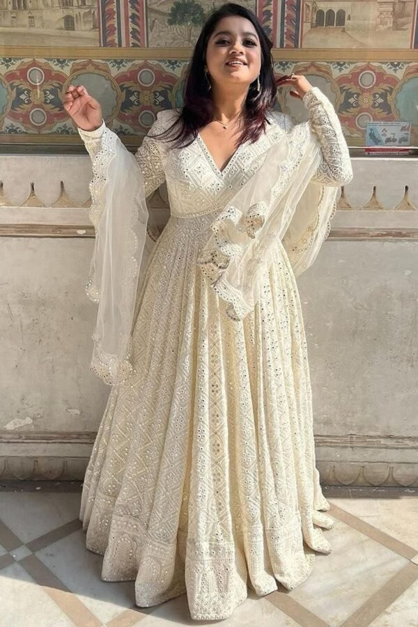 WHITELUCKNOWIGOWN_2.jpg Luxurious White Georgette Anarkali Suit Set with Lakhnawi Work