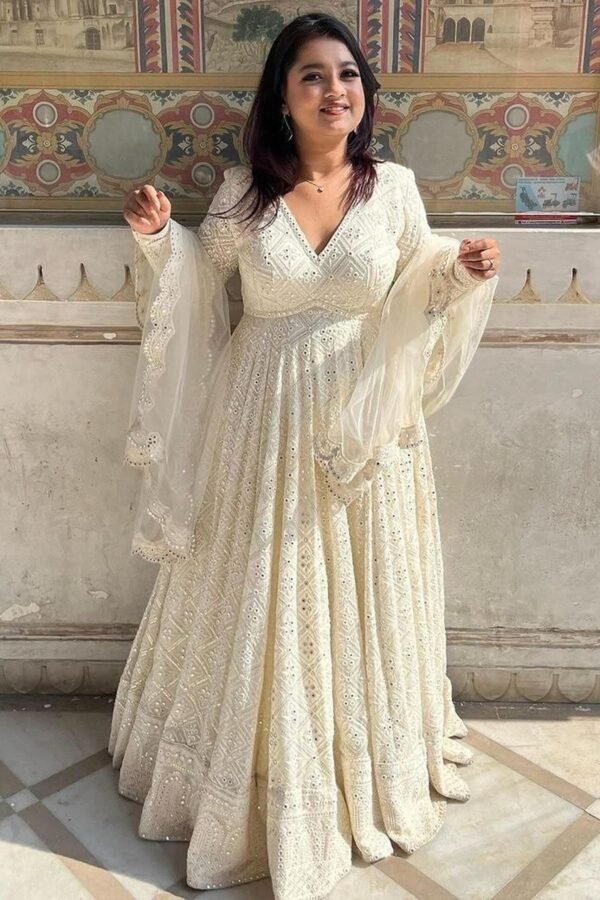 WHITELUCKNOWIGOWN_3.jpg Luxurious White Georgette Anarkali Suit Set with Lakhnawi Work