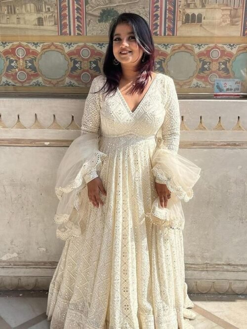WHITELUCKNOWIGOWN_5.jpg Luxurious White Georgette Anarkali Suit Set with Lakhnawi Work