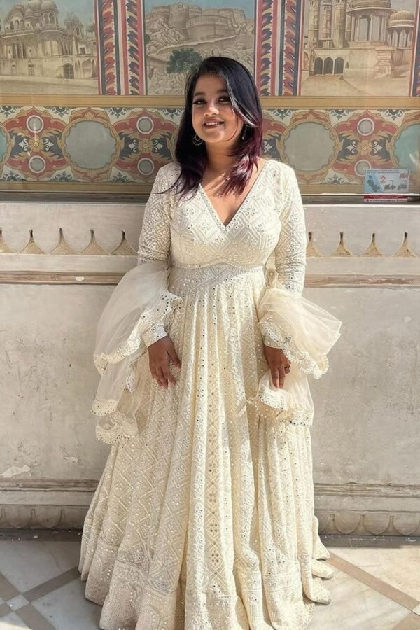 WHITELUCKNOWIGOWN_5.jpg Luxurious White Georgette Anarkali Suit Set with Lakhnawi Work