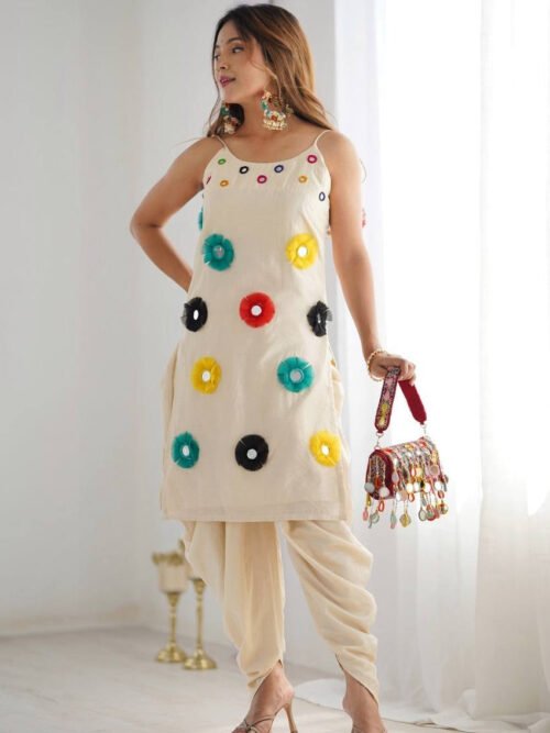 ZSR-3139_2.jpg Khadi Cotton Base Dhoti Kurta Set with Mirror Khatli Work