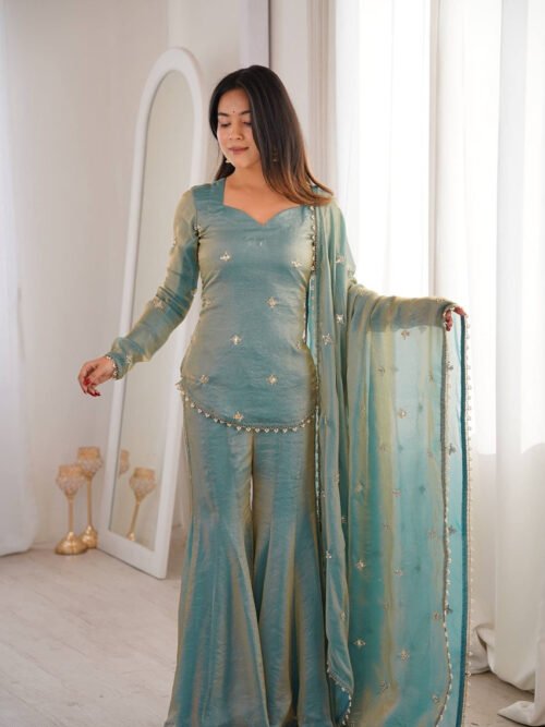 ZSR-3159_4.jpg Steel Green Fendy Silk Sharara Suit