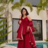 suratikart_6.jpg Cherry Red Tabby Organza Mukesh Work Palazzo Suit