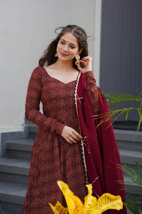 tan-143_1.jpg Maroon Cotton Ajrakh Print Anarkali Suit Set