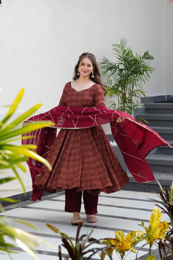 tan-143_2.jpg Maroon Cotton Ajrakh Print Anarkali Suit Set