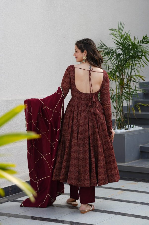 tan-143_3.jpg Maroon Cotton Ajrakh Print Anarkali Suit Set