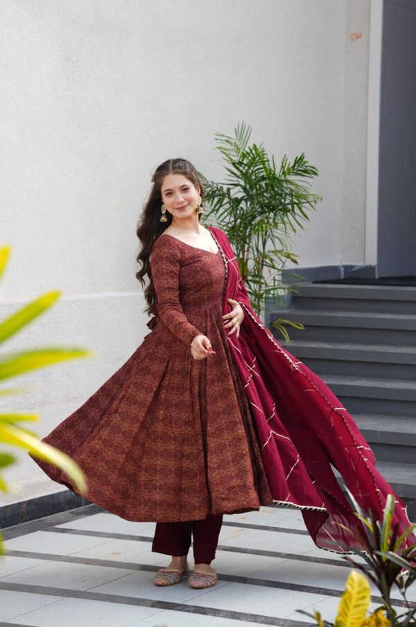 tan-143_4.jpg Maroon Cotton Ajrakh Print Anarkali Suit Set