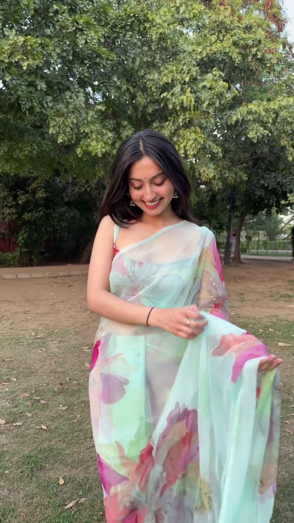 Mint Floral Organza Saree